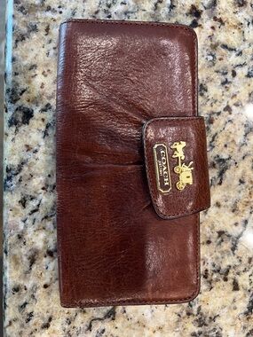Coach Brown Leather Trifold Wallet with Brown Snap Tab and Gold Hardware